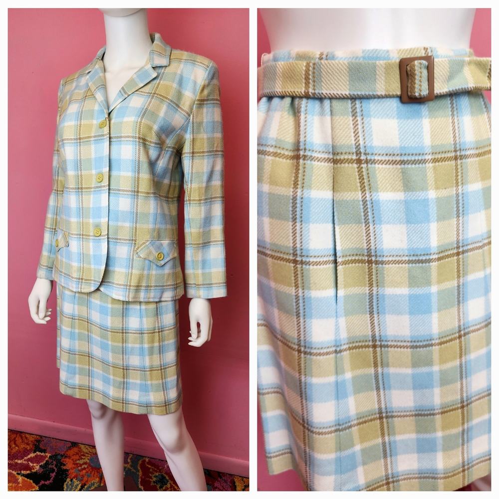 Vintage 1960's Deadstock Plaid in Blue, White, Yellow Skirt Suit | XS to Small